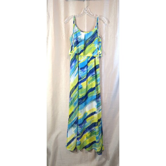 Calvin Klein Maxi Dress Women’s Size 8 Sleeveless Blouson Draped Blue Stripe - Picture 2 of 12